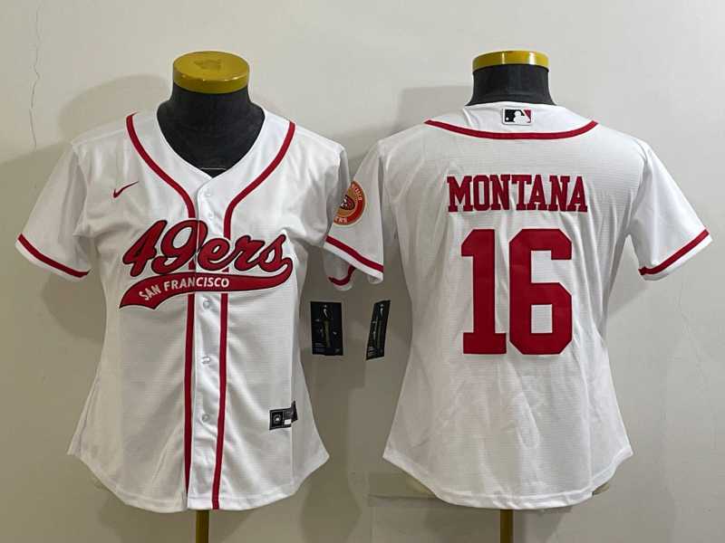 Womens San Francisco 49ers #16 Joe Montana White With Patch Cool Base Stitched Baseball Jersey
